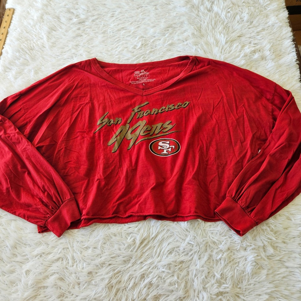 Majestic Threads San Francisco‎ 49ers Nick Bosa Red Cropped Long Sleeve Shirt L